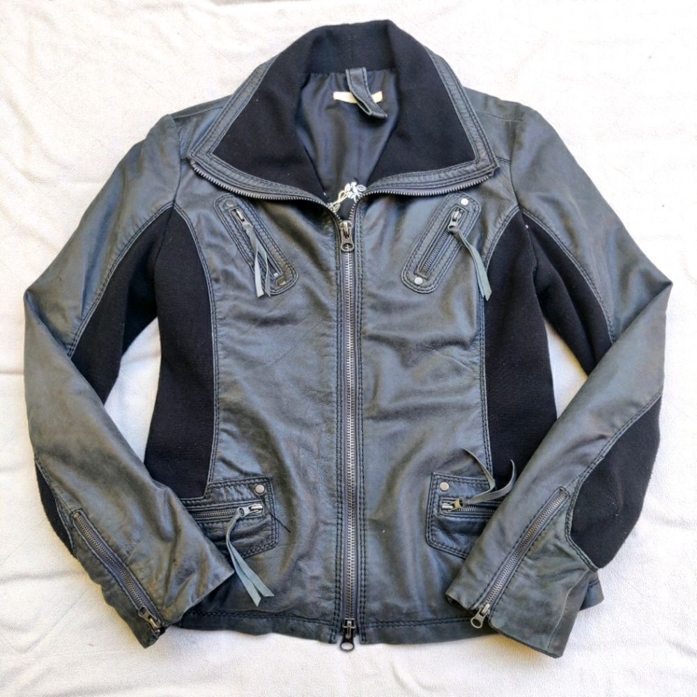 Flora Smith Leather Motorcycle Jacket Gray & Black Size 10